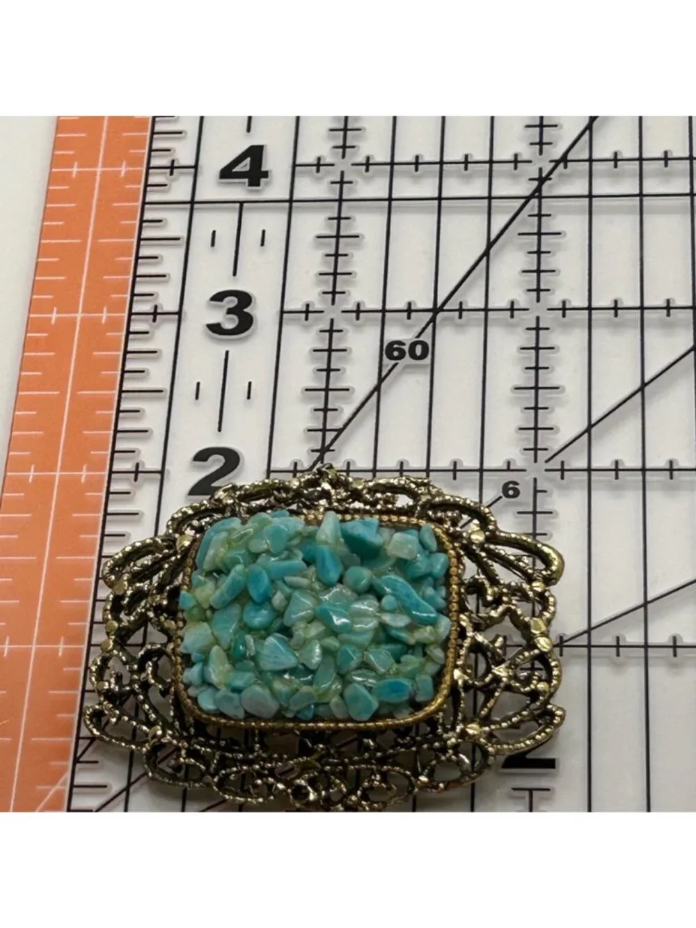 Vintage Filigree Brooch Turquoise Colored Nugget Chips Gold-Tone Textured Pin